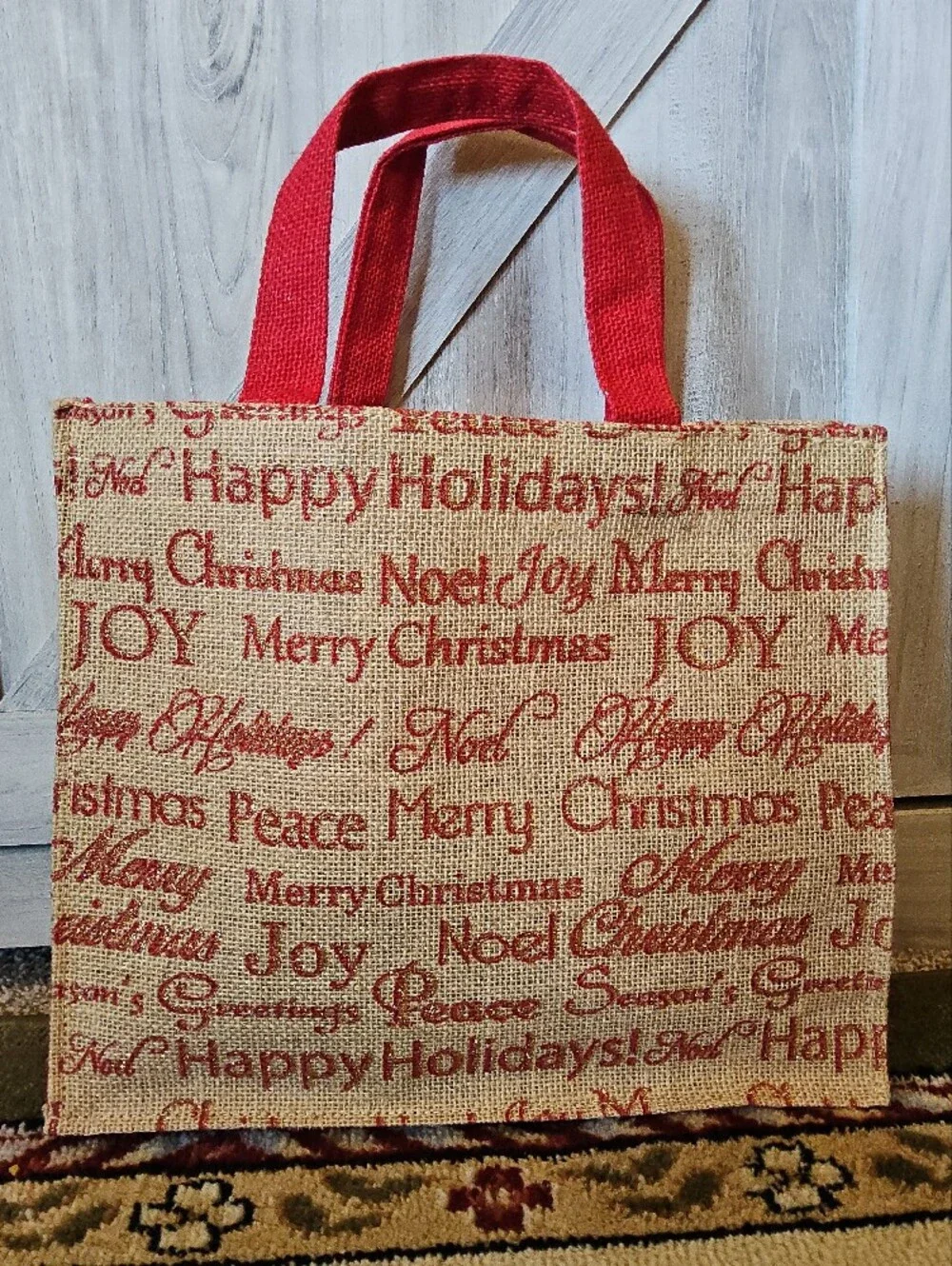 Red Text Burlap Holiday Tote Bag